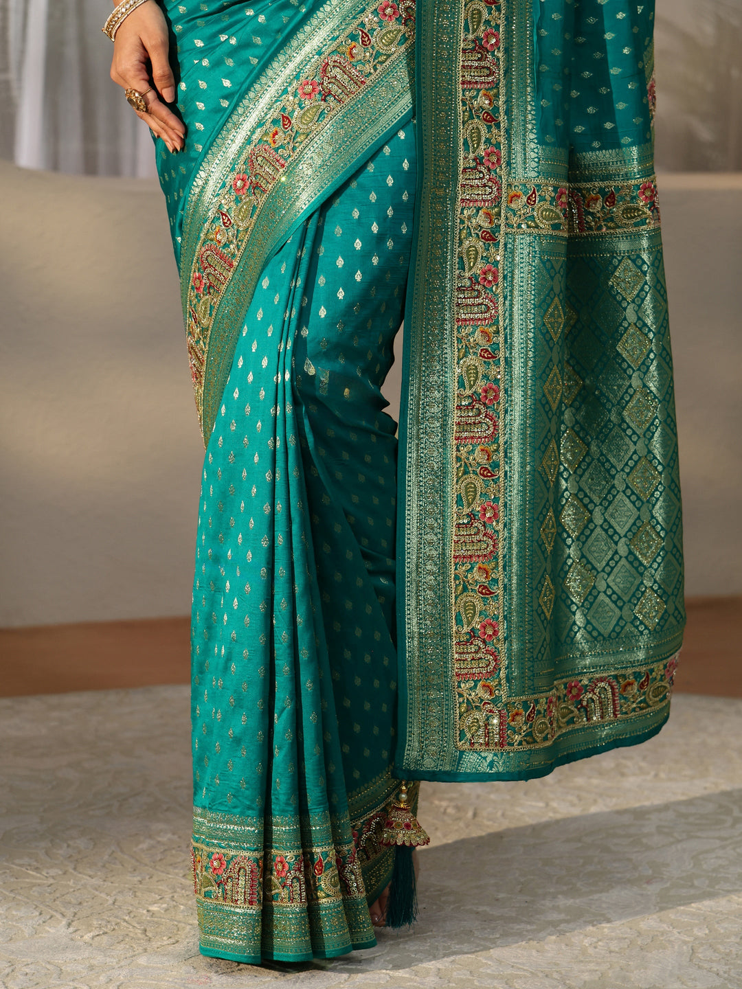 Libas Art Teal Green Silk Blend Saree with Woven Border