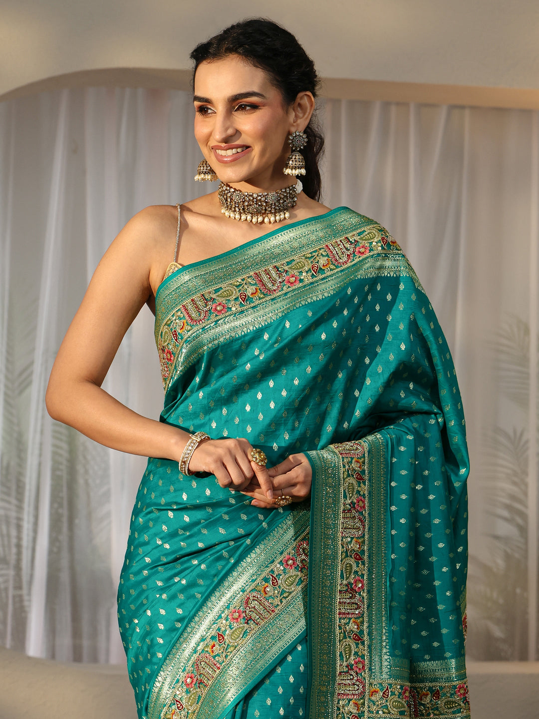 Libas Art Teal Green Silk Blend Saree with Woven Border