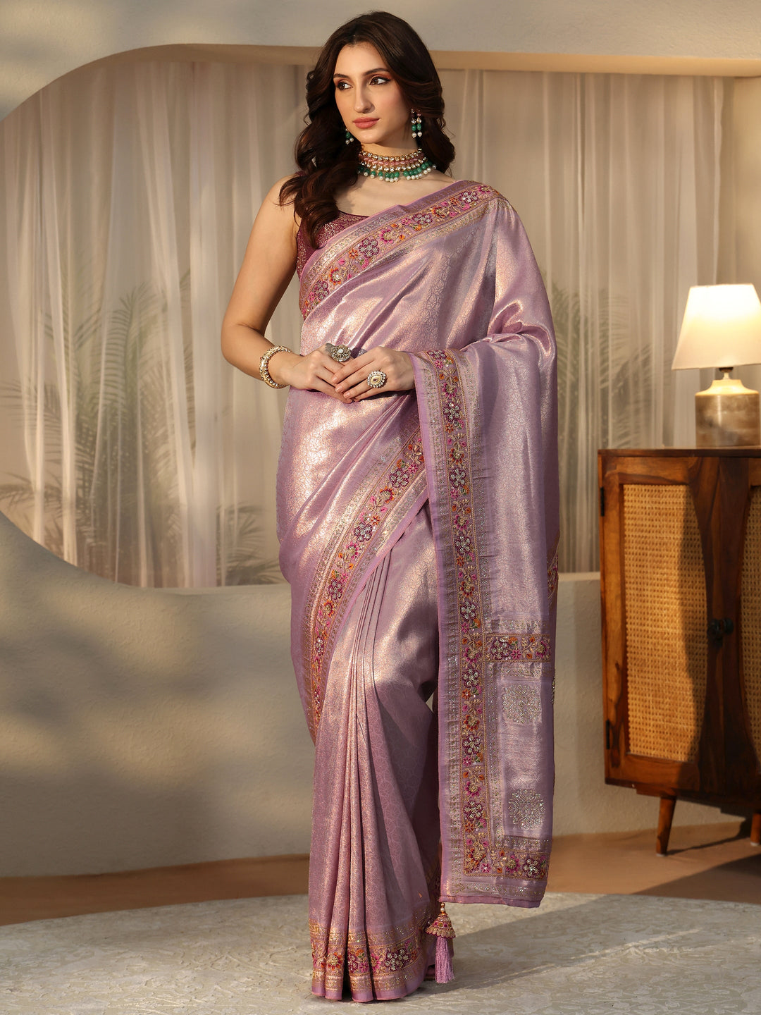 Libas Art Lavender Silk Blend Saree with Embroidered Border