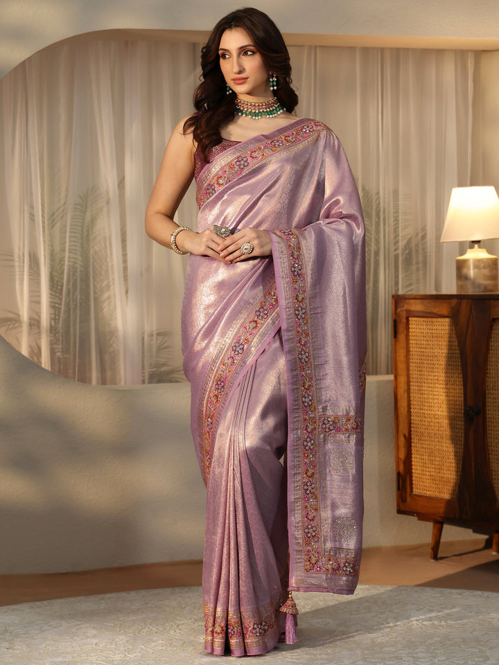 Libas Art Lavender Silk Blend Saree with Embroidered Border
