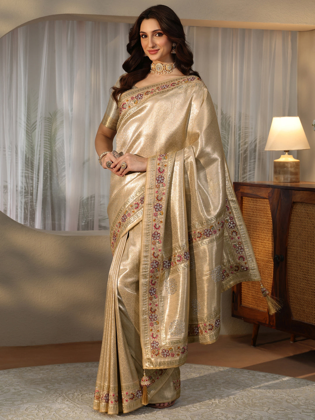Libas Art Gold Silk Blend Saree with Embroidered Border