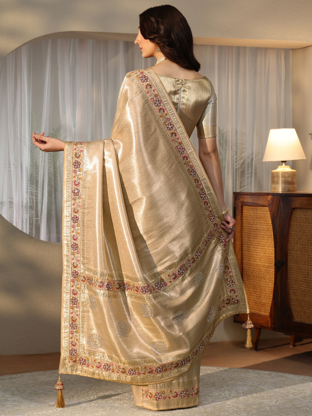 Libas Art Gold Silk Blend Saree with Embroidered Border