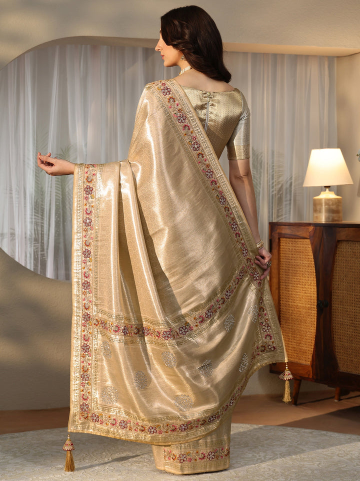 Libas Art Gold Silk Blend Saree with Embroidered Border