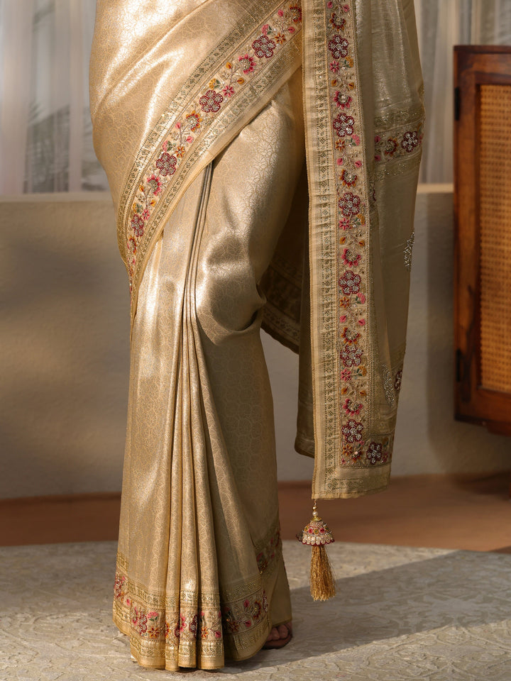 Libas Art Gold Silk Blend Saree with Embroidered Border