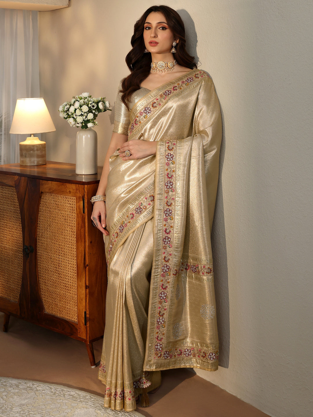 Libas Art Gold Silk Blend Saree with Embroidered Border