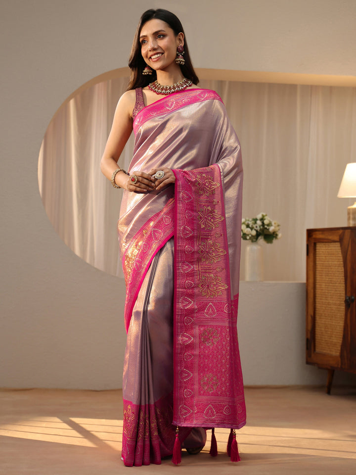 Libas Lavender Silk Blend Saree with Woven Border