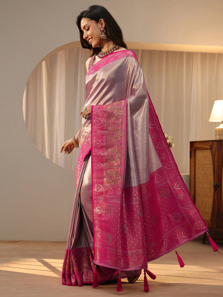 Libas Lavender Silk Blend Saree with Woven Border