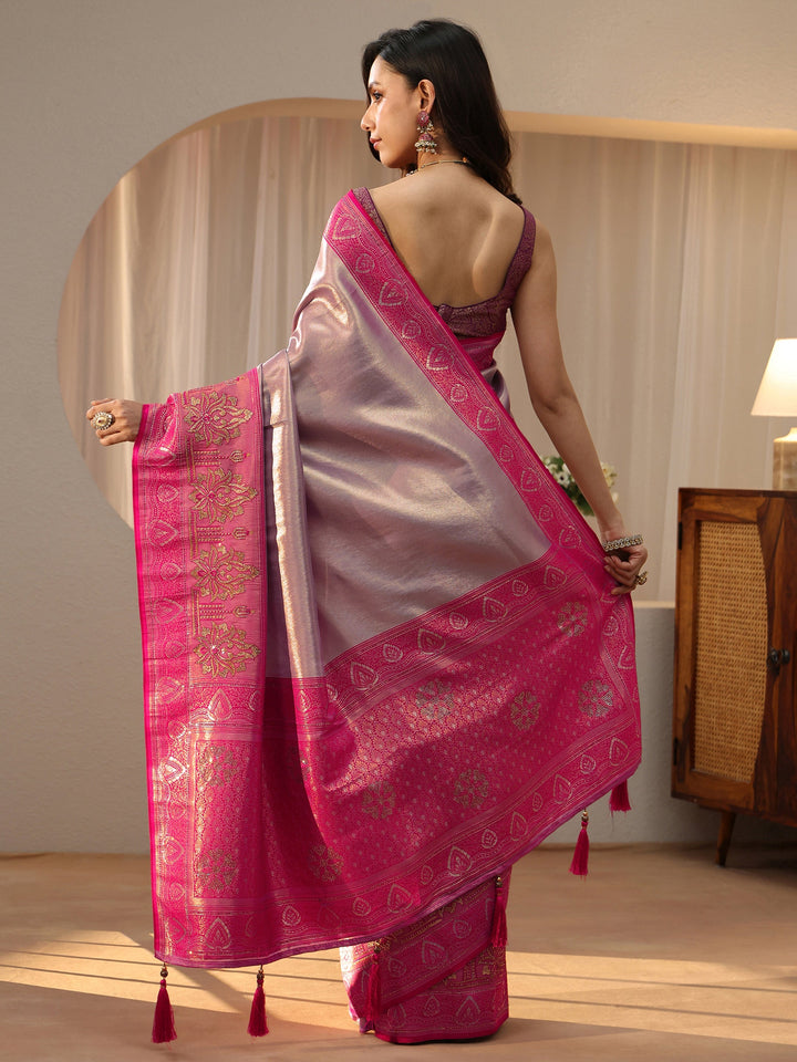 Libas Lavender Silk Blend Saree with Woven Border