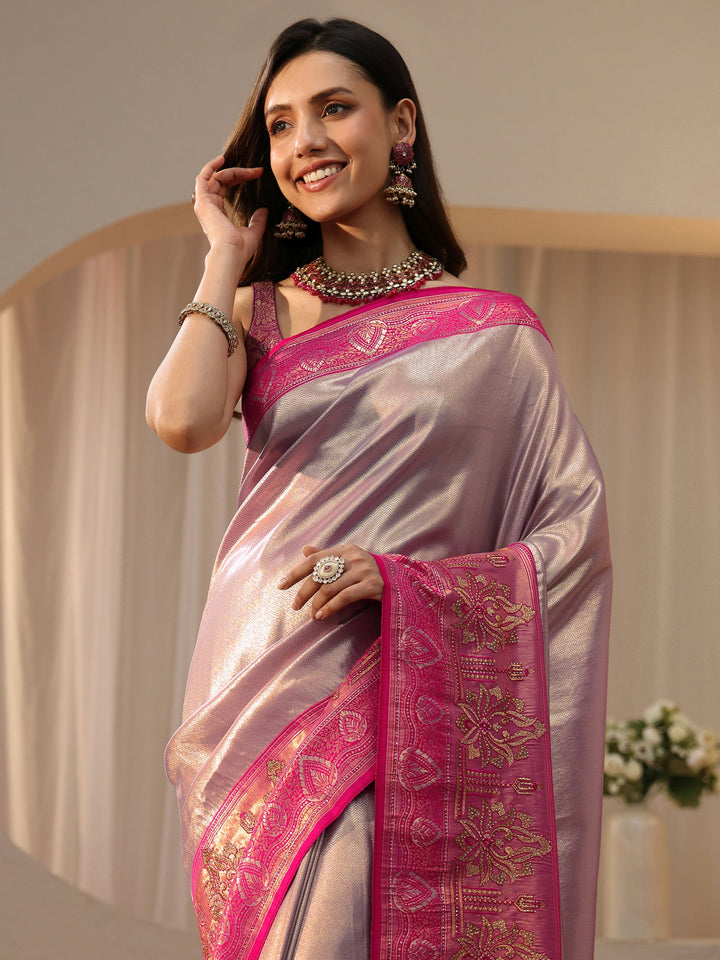 Libas Lavender Silk Blend Saree with Woven Border
