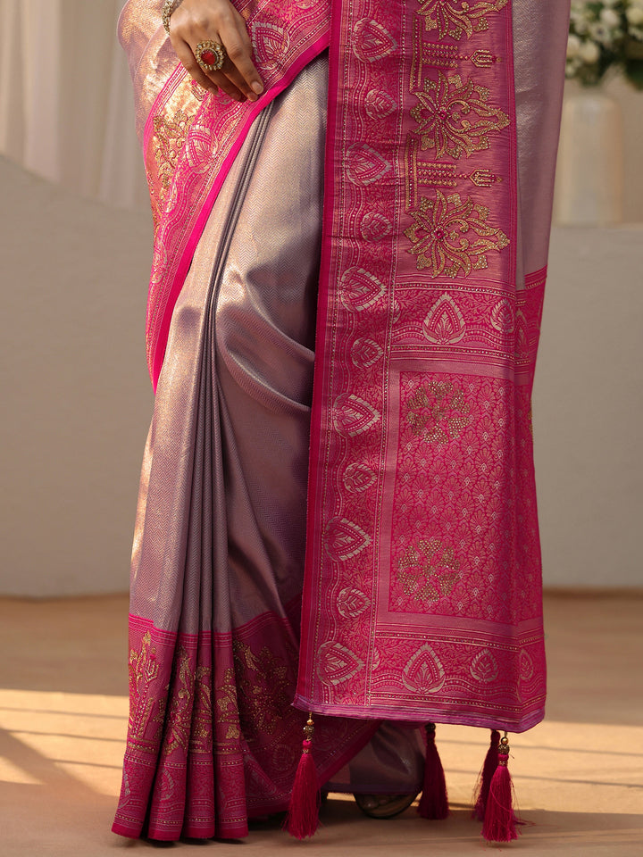 Libas Lavender Silk Blend Saree with Woven Border