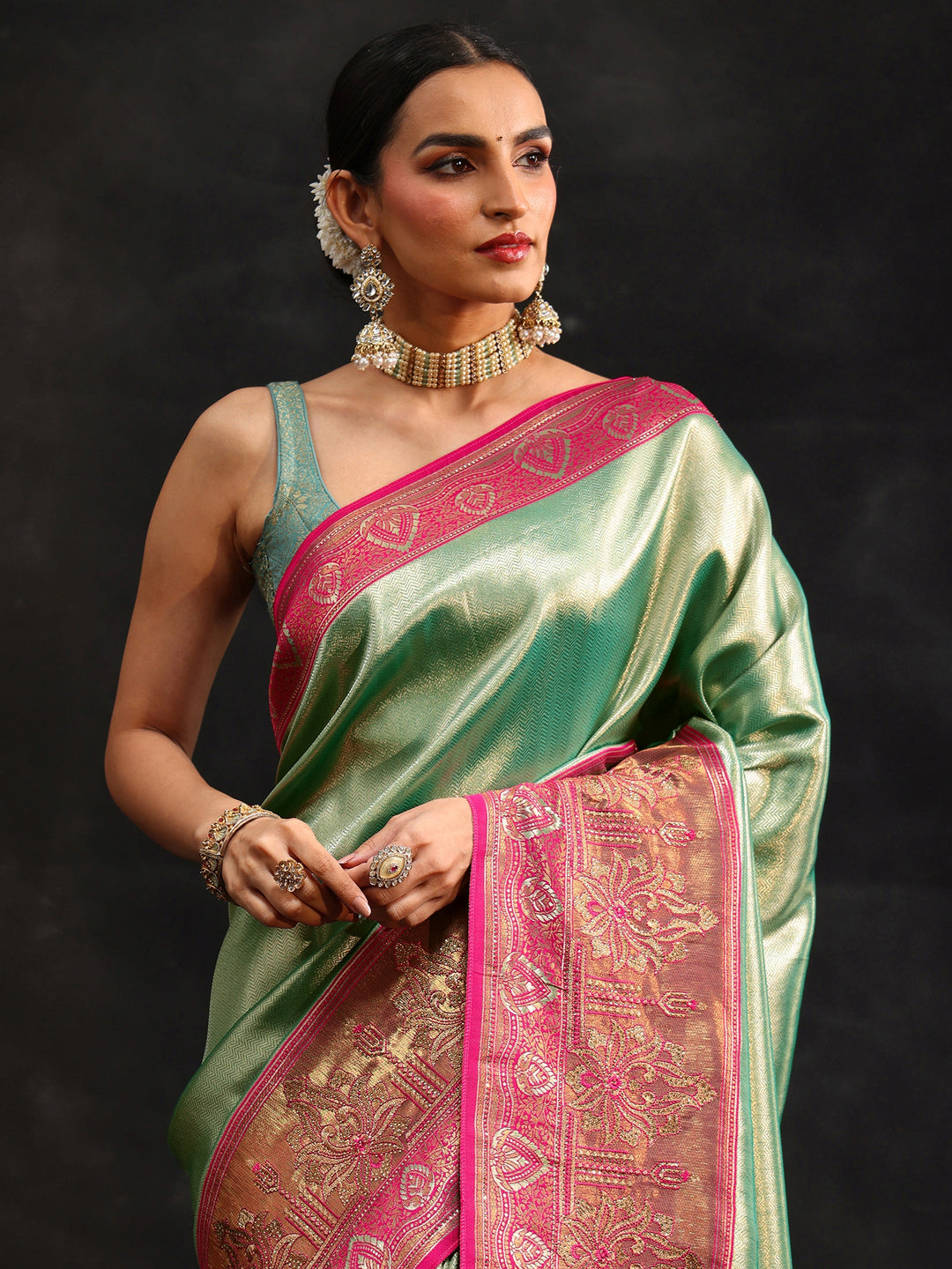 Libas Sea Green Woven Design Silk Blend Saree