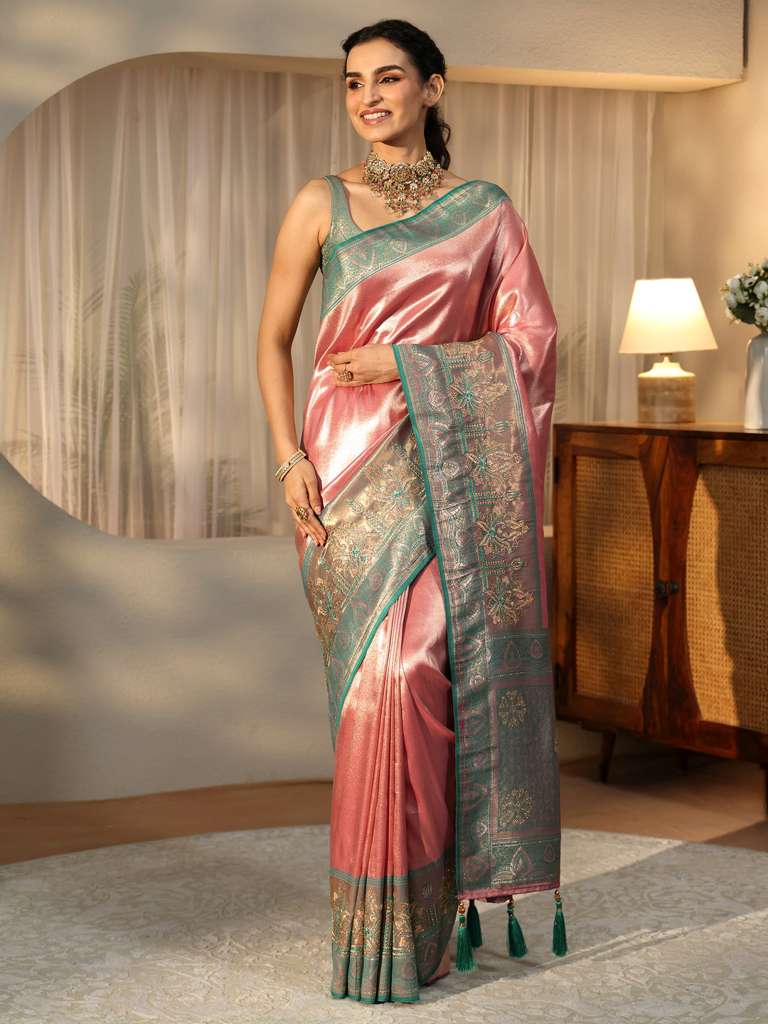 Libas Peach Silk Blend Saree with Woven Border