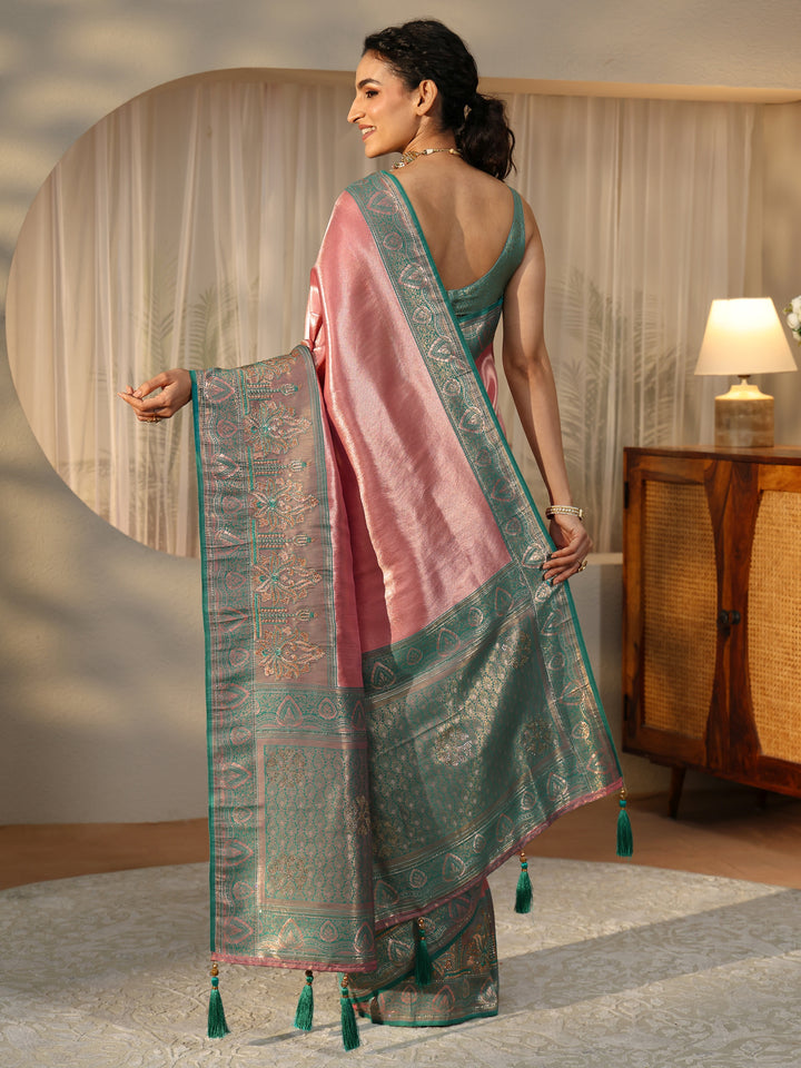 Libas Peach Silk Blend Saree with Woven Border