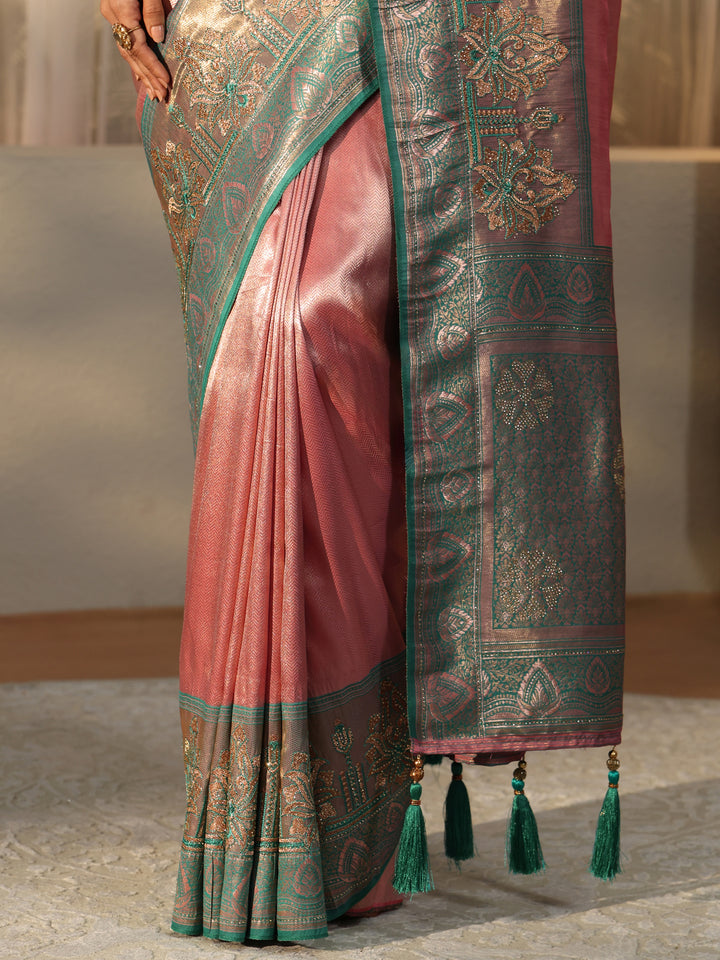 Libas Peach Silk Blend Saree with Woven Border