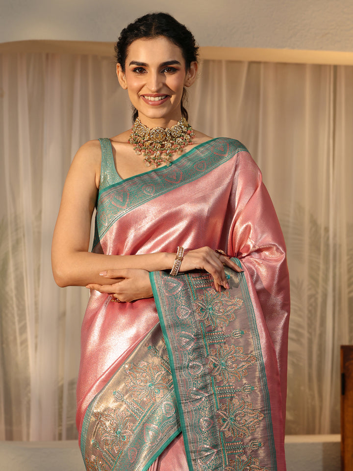 Libas Peach Silk Blend Saree with Woven Border