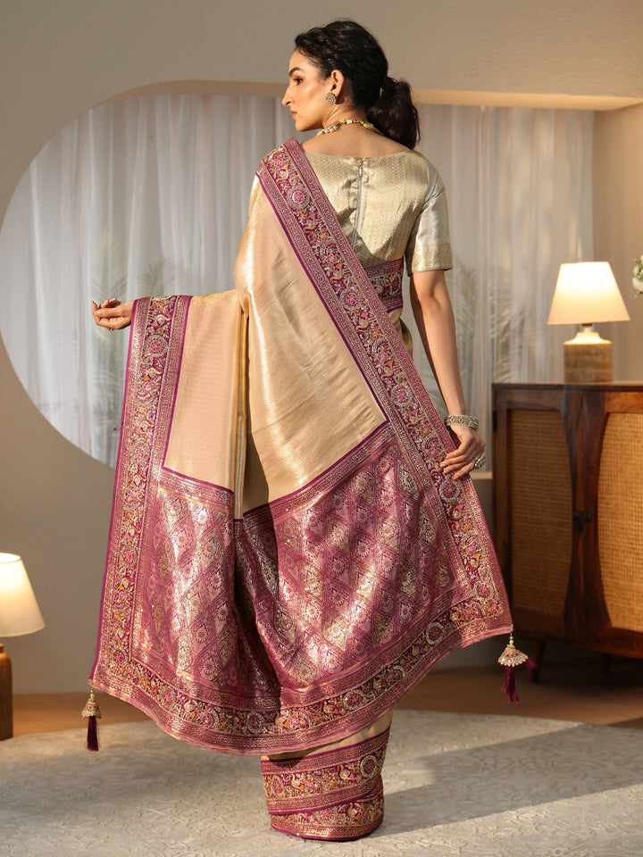 Libas Art Gold Silk Blend Saree with Embroidered Border