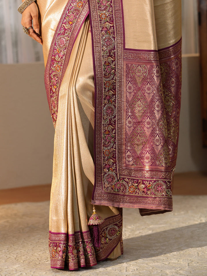 Libas Art Gold Silk Blend Saree with Embroidered Border