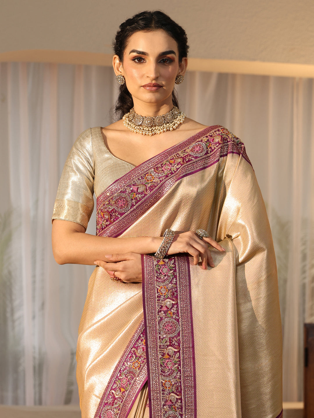 Libas Art Gold Silk Blend Saree with Embroidered Border
