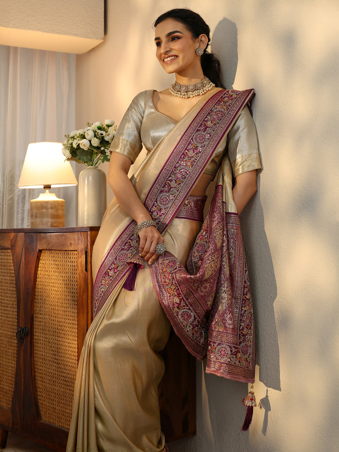 Libas Art Gold Silk Blend Saree with Embroidered Border