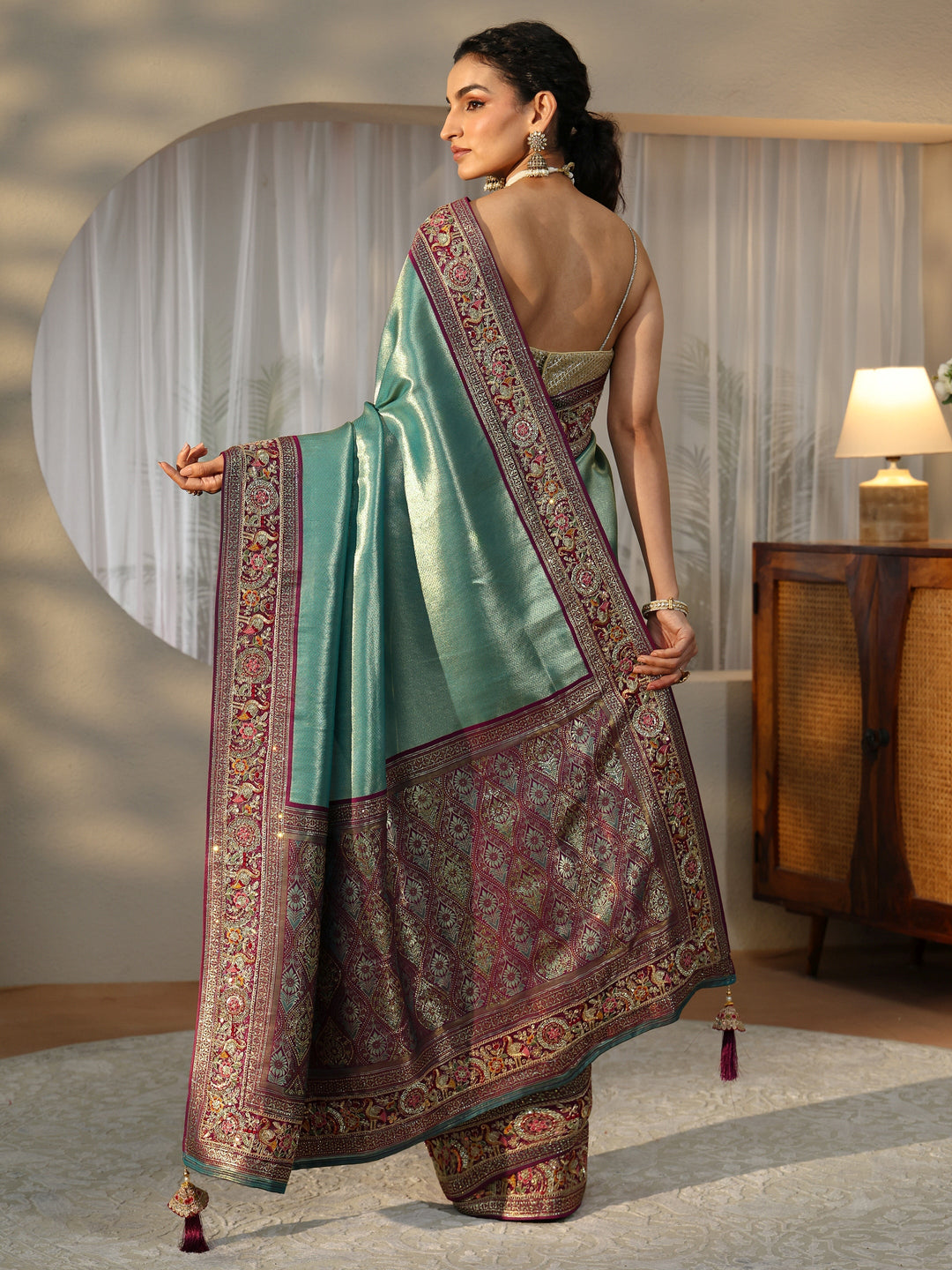 Libas Art Sea Green Silk Blend Saree with Embroidered Border