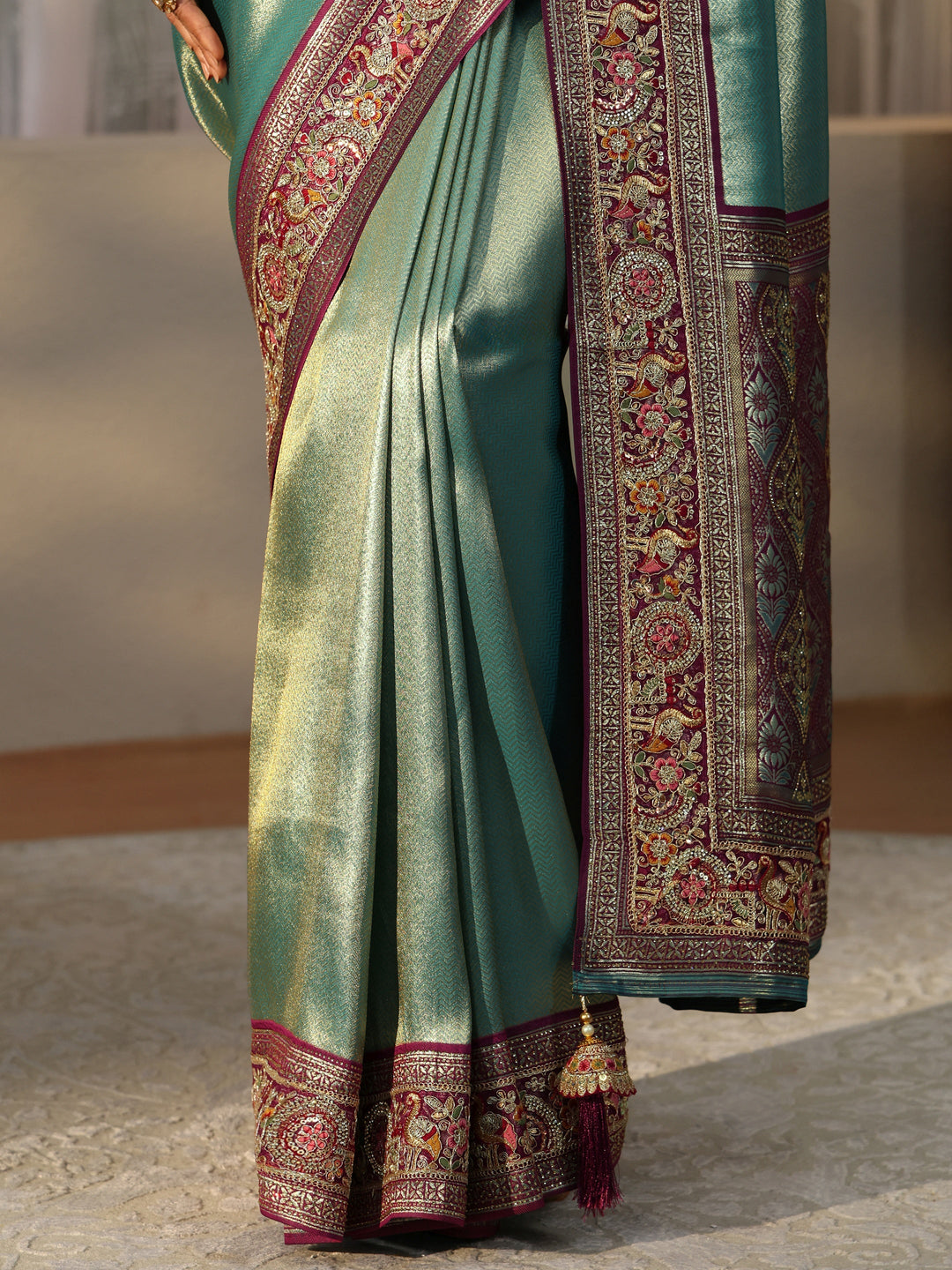 Libas Art Sea Green Silk Blend Saree with Embroidered Border