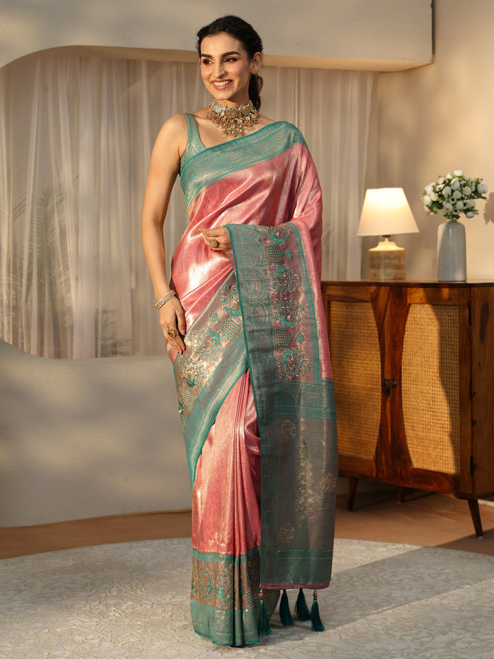 Libas Peach Silk Blend Saree with Woven Border