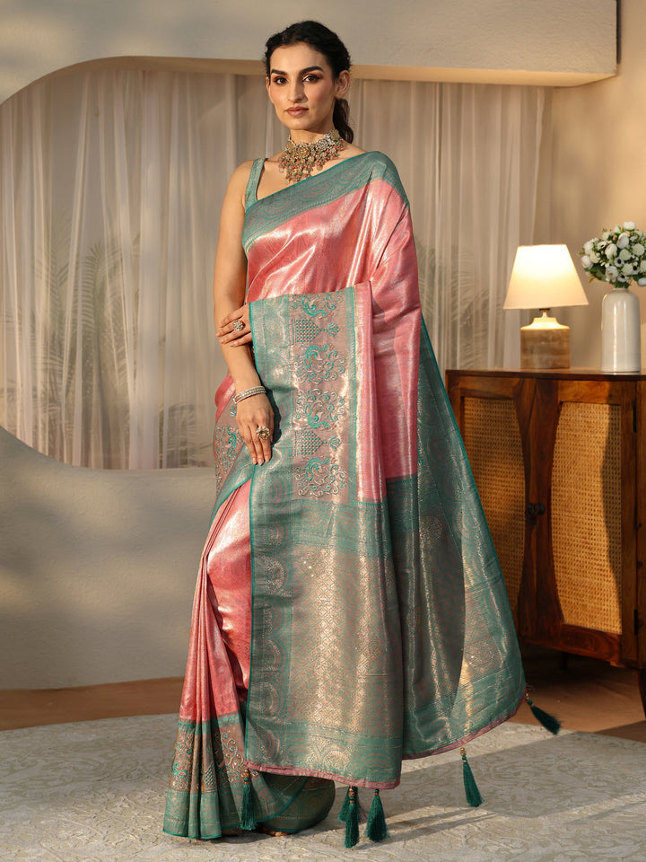 Libas Peach Silk Blend Saree with Woven Border