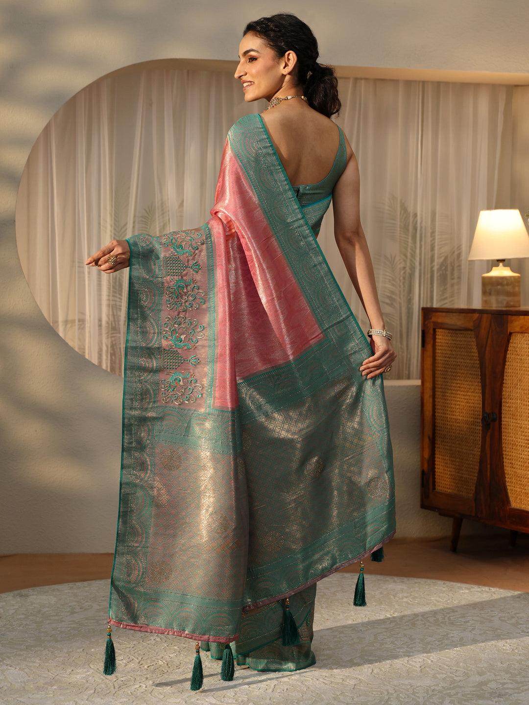 Libas Peach Silk Blend Saree with Woven Border