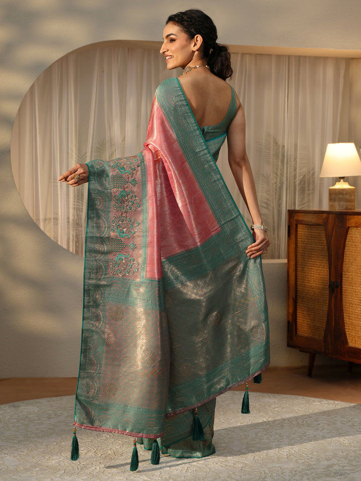 Libas Peach Silk Blend Saree with Woven Border