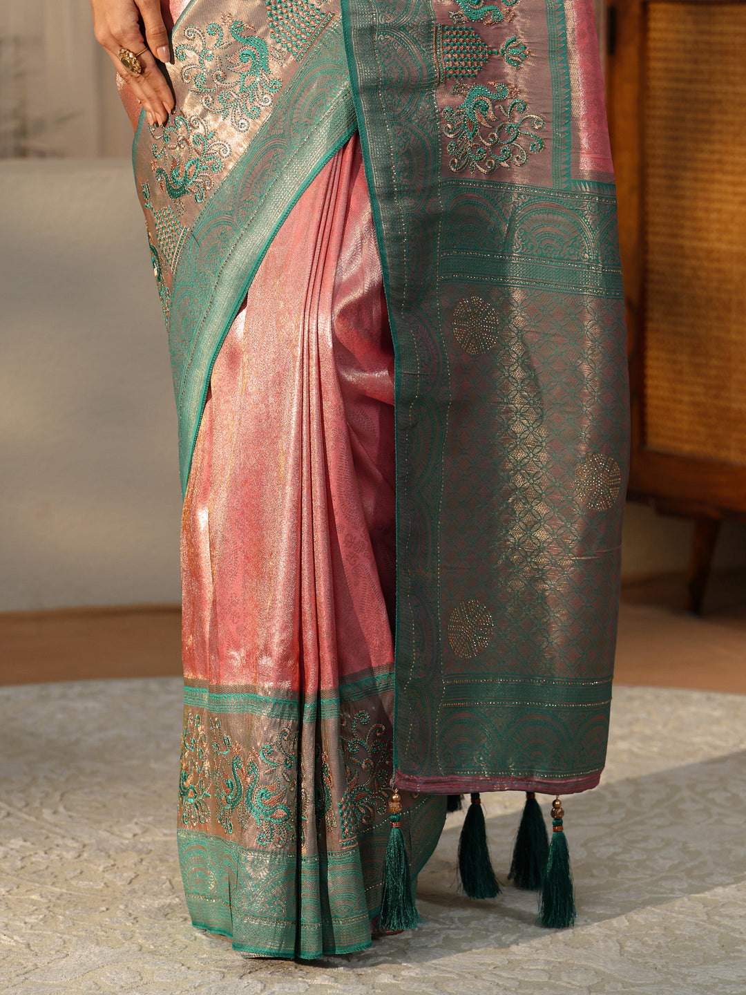 Libas Peach Silk Blend Saree with Woven Border