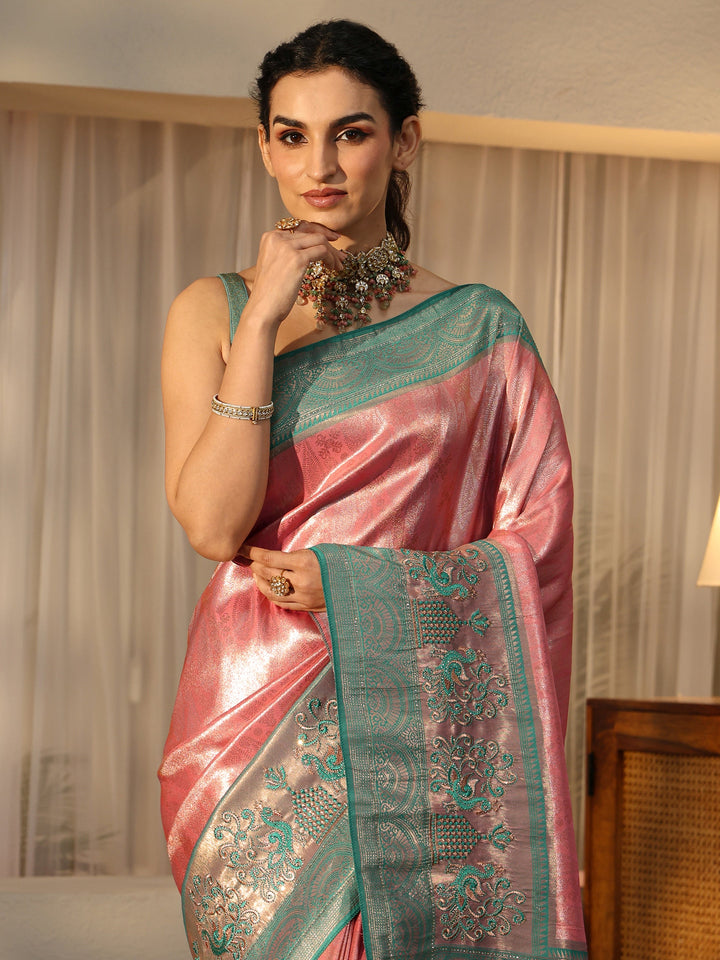 Libas Peach Silk Blend Saree with Woven Border