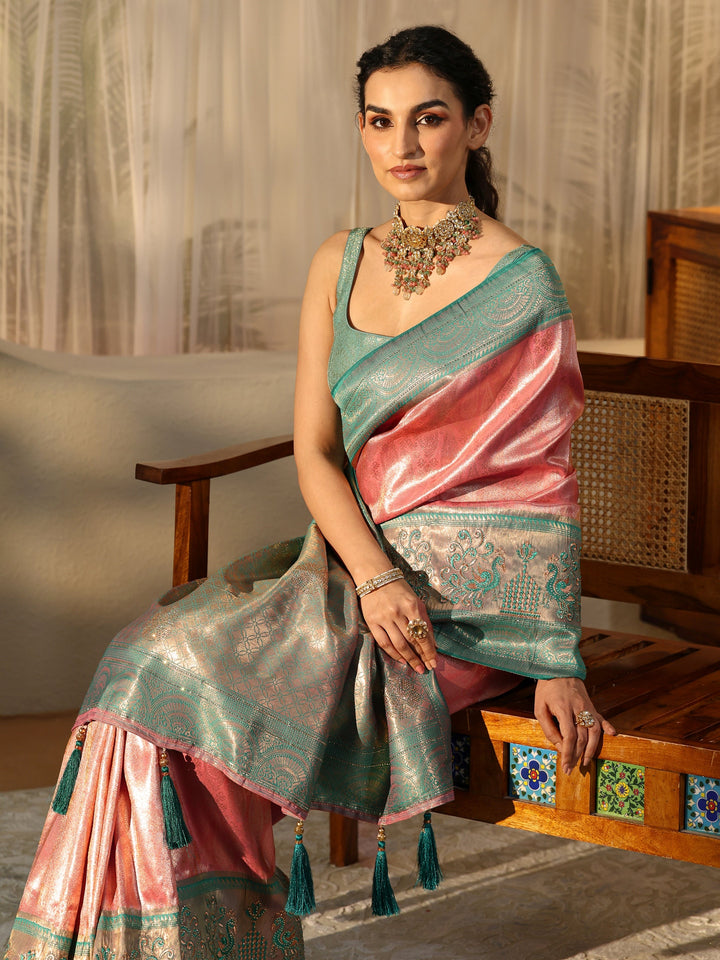 Libas Peach Silk Blend Saree with Woven Border