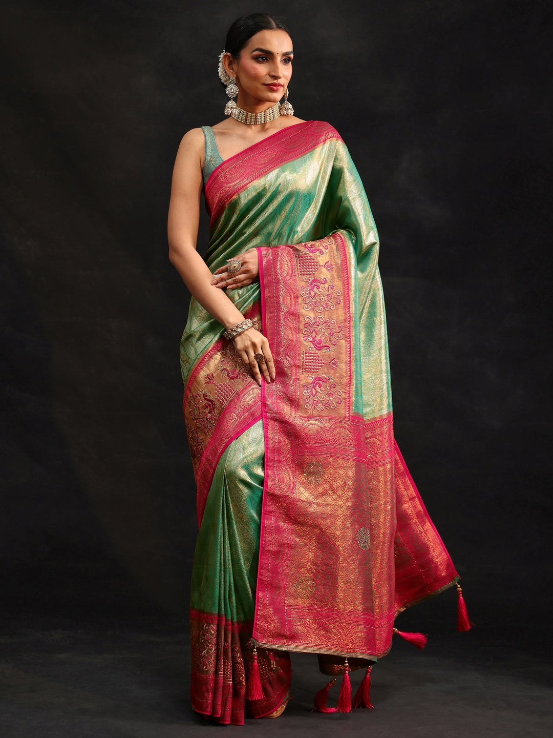 Libas Sea Green Woven Design Silk Blend Saree