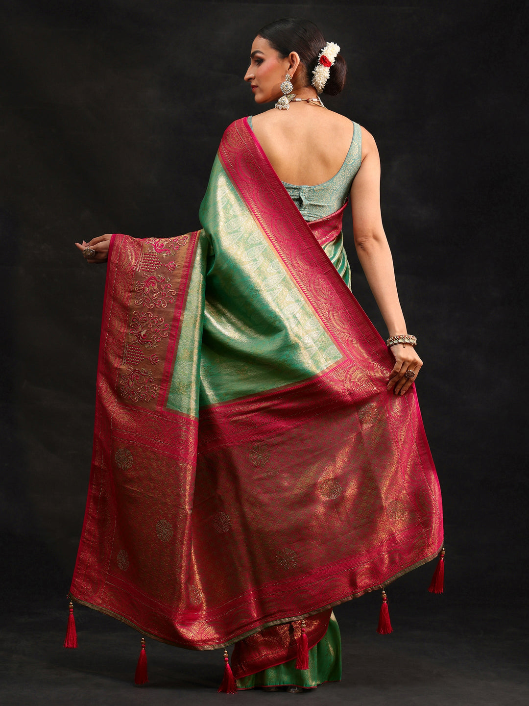 Libas Sea Green Woven Design Silk Blend Saree