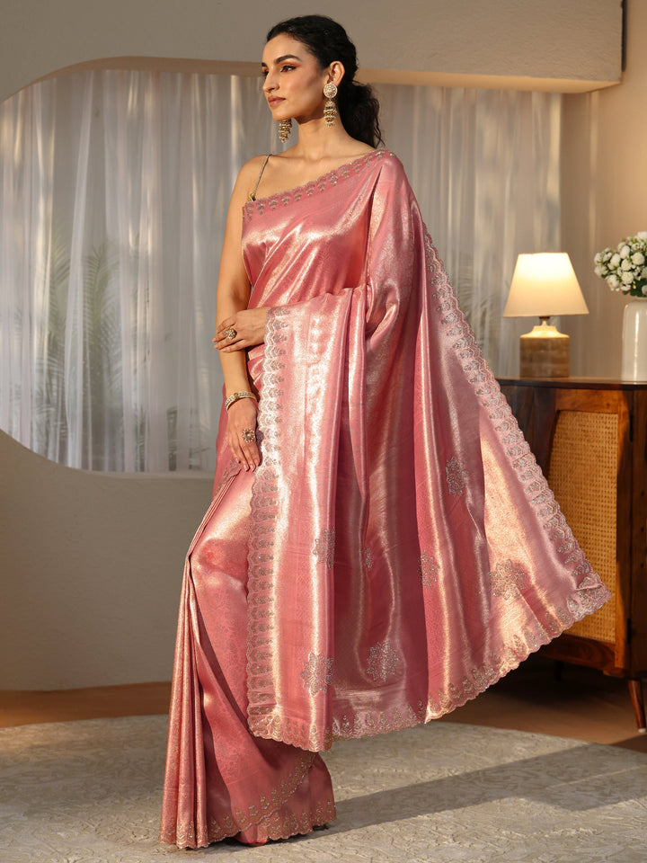 Libas Peach Silk Blend Saree with Embellished Border