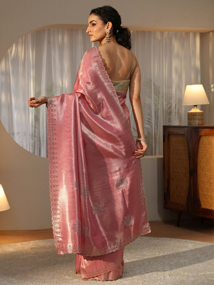 Libas Peach Silk Blend Saree with Embellished Border