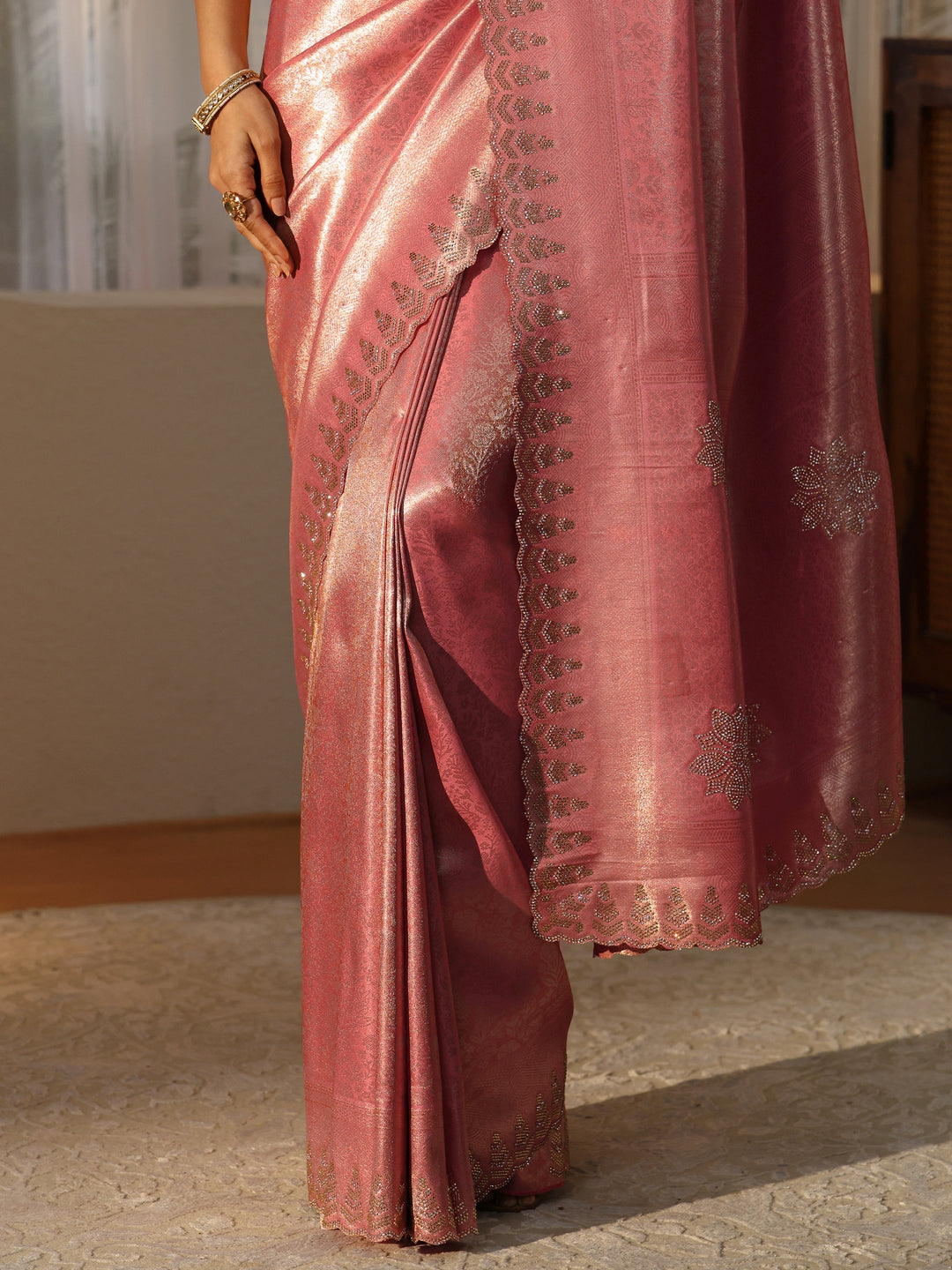 Libas Peach Silk Blend Saree with Embellished Border