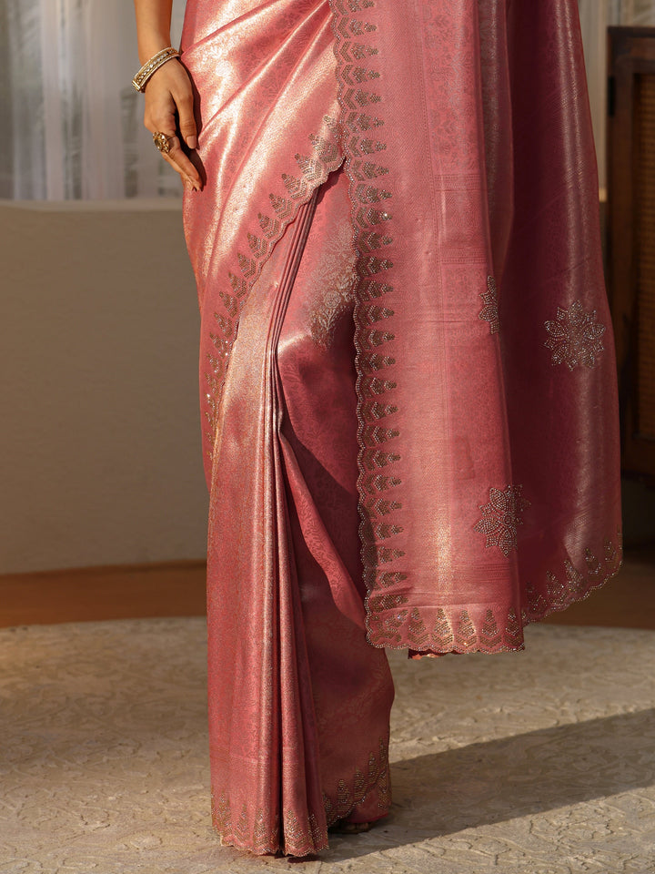 Libas Peach Silk Blend Saree with Embellished Border