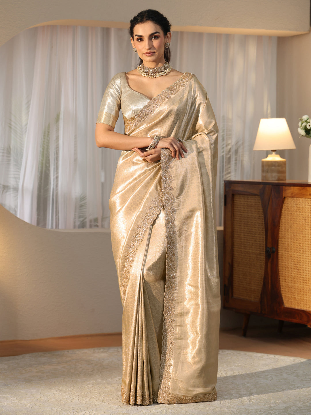 Libas Gold Silk Blend Saree with Embellished Border