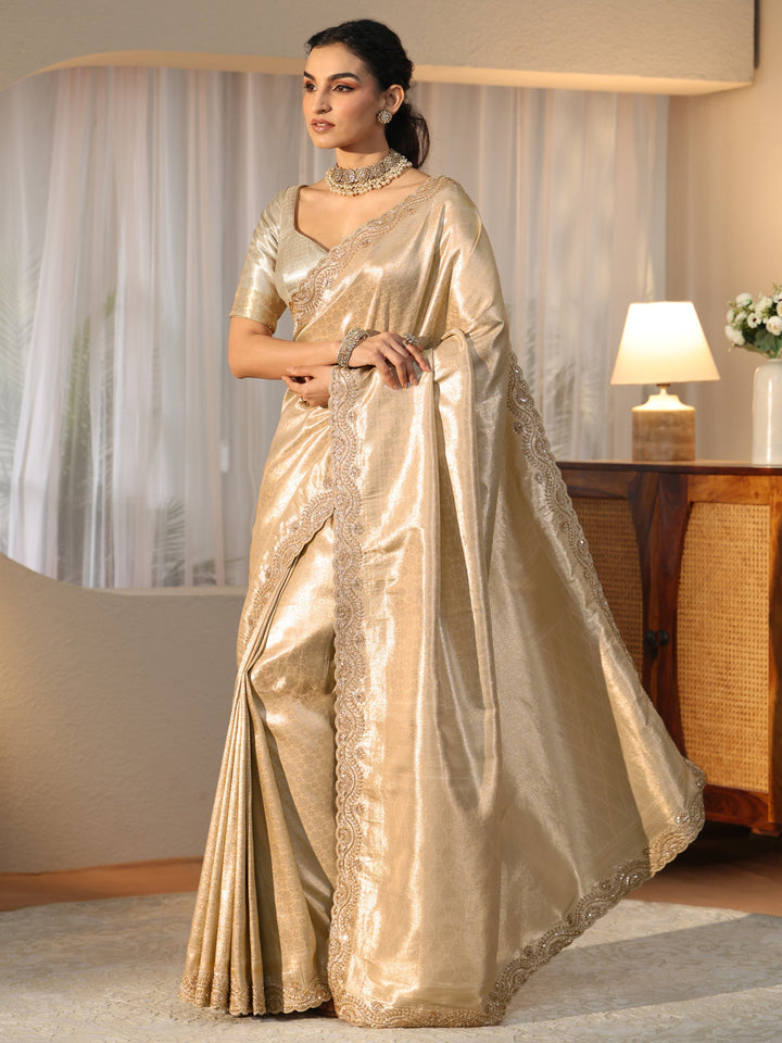Libas Gold Silk Blend Saree with Embellished Border