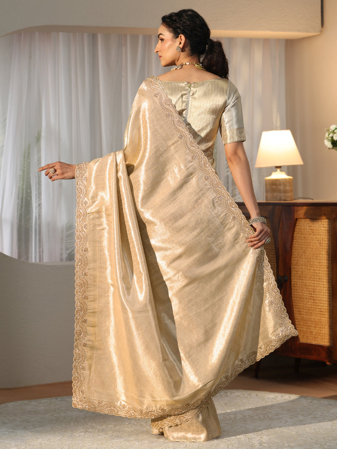 Libas Gold Silk Blend Saree with Embellished Border