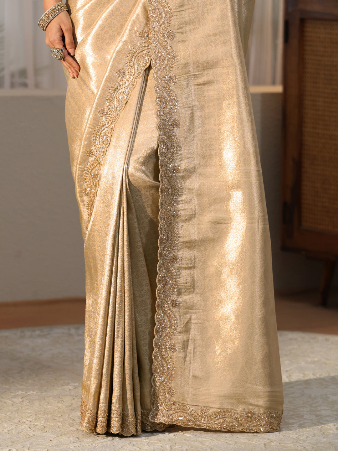 Libas Gold Silk Blend Saree with Embellished Border