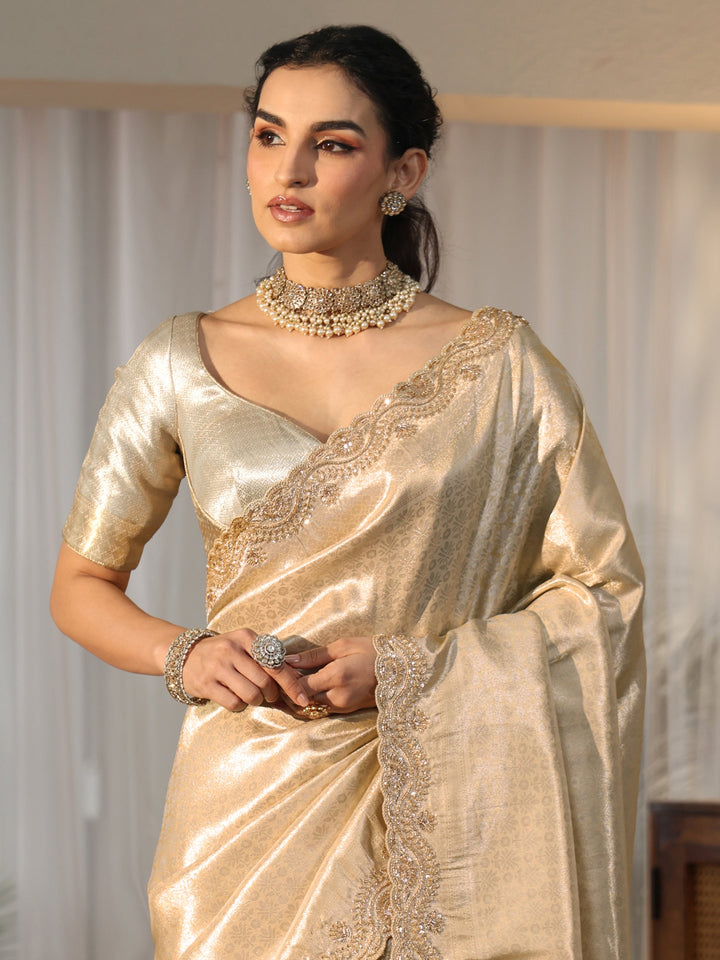 Libas Gold Silk Blend Saree with Embellished Border