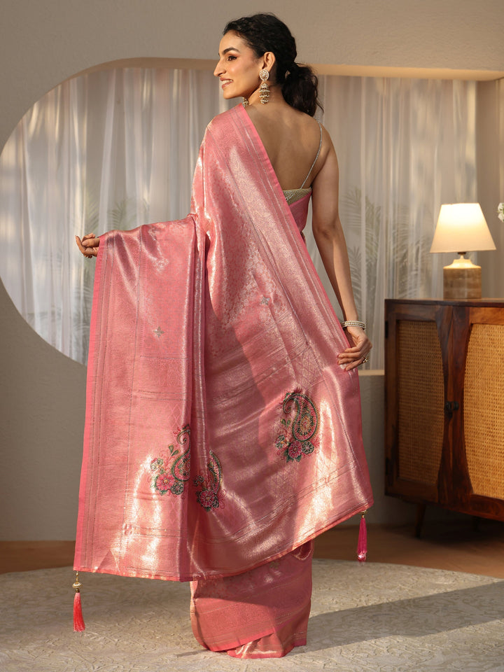 Libas Peach Floral Silk Blend Saree
