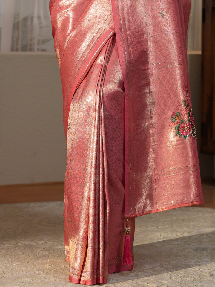 Libas Peach Floral Silk Blend Saree