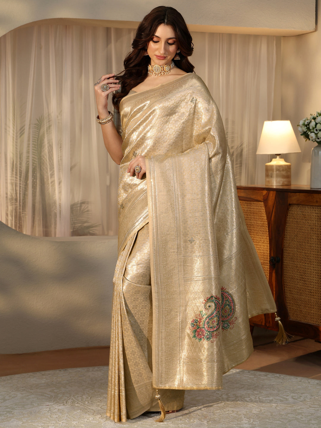 Libas Gold Floral Silk Blend Saree