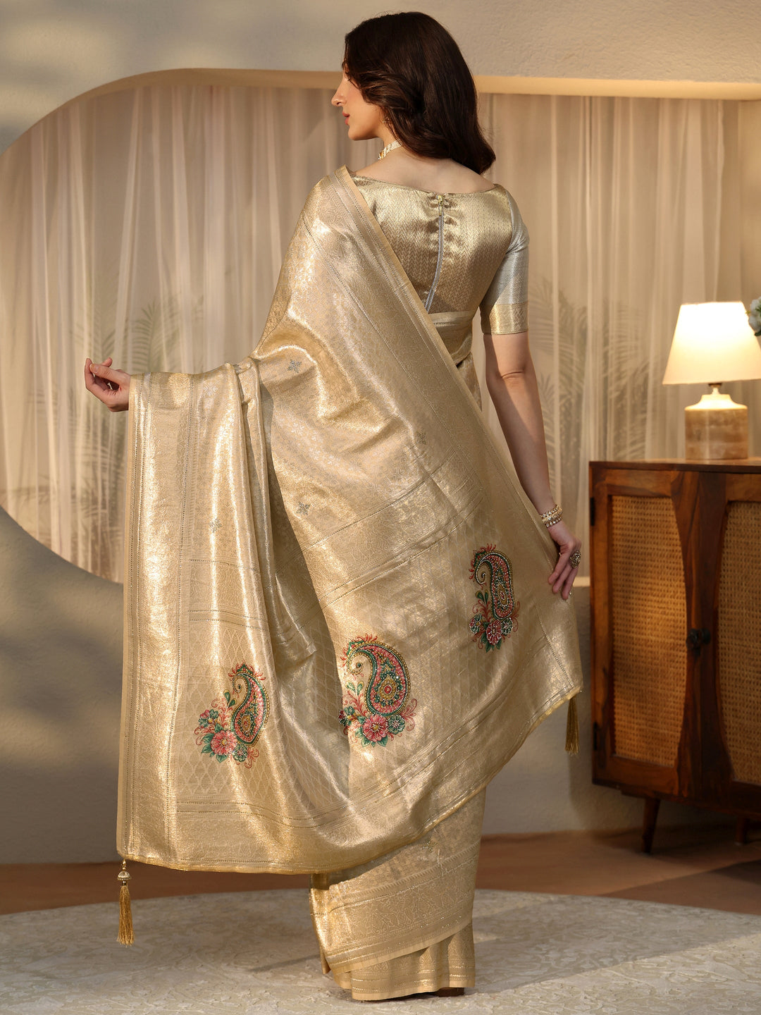 Libas Gold Floral Silk Blend Saree