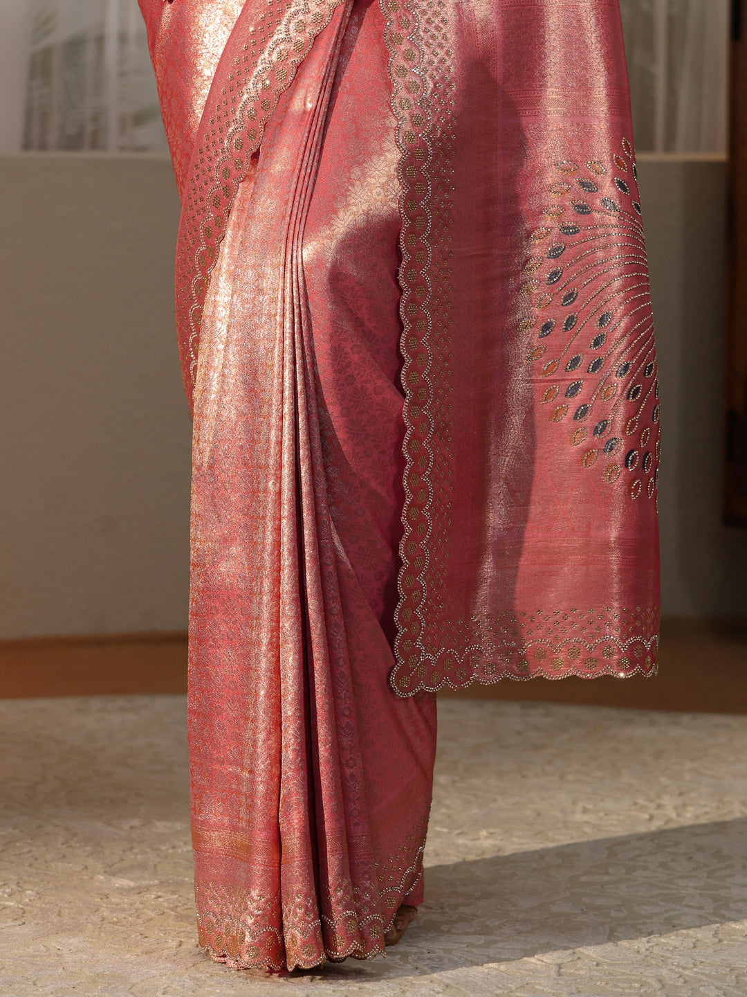 Libas Peach Silk Blend Saree with Embellished Border