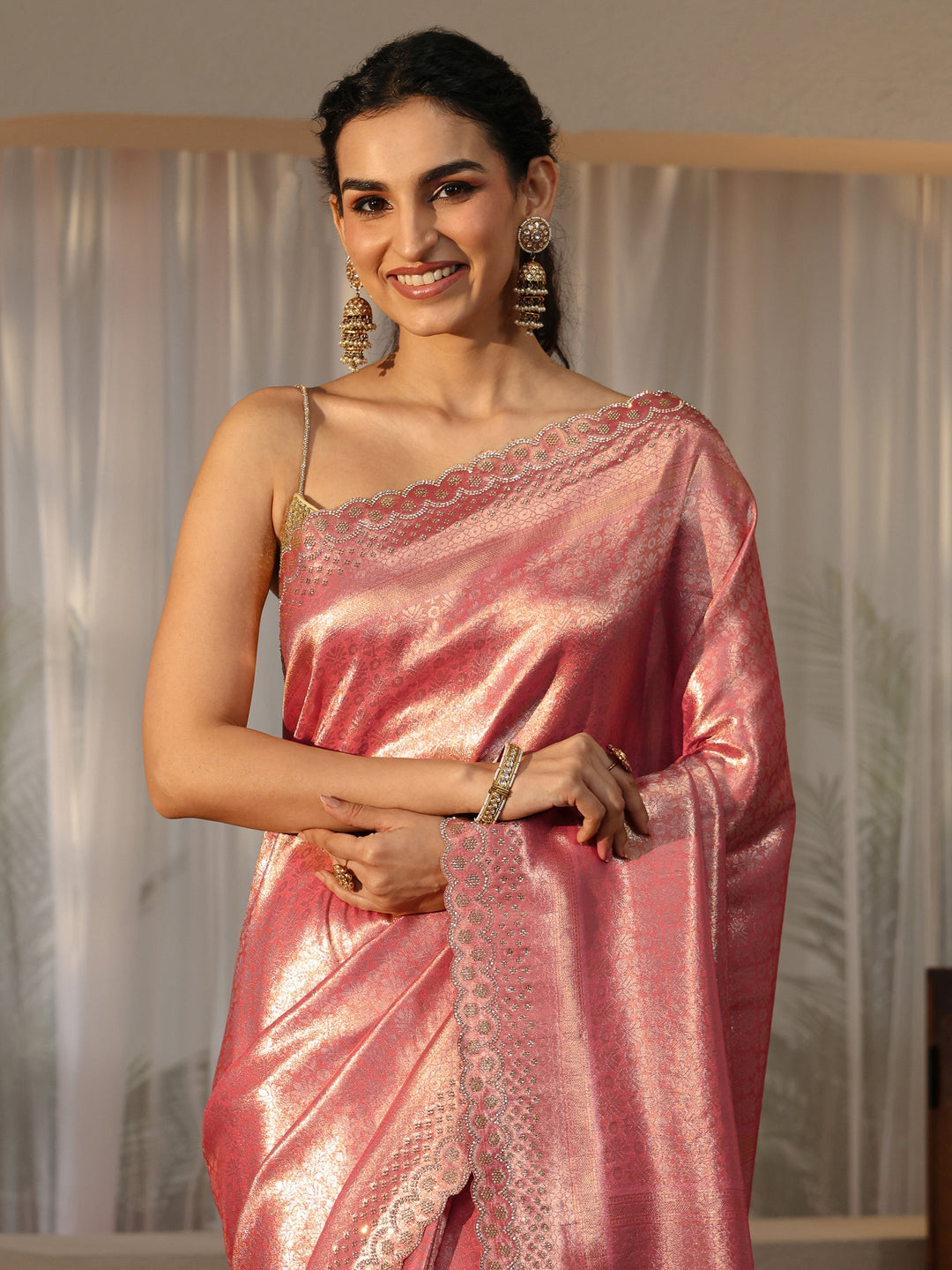 Libas Peach Silk Blend Saree with Embellished Border