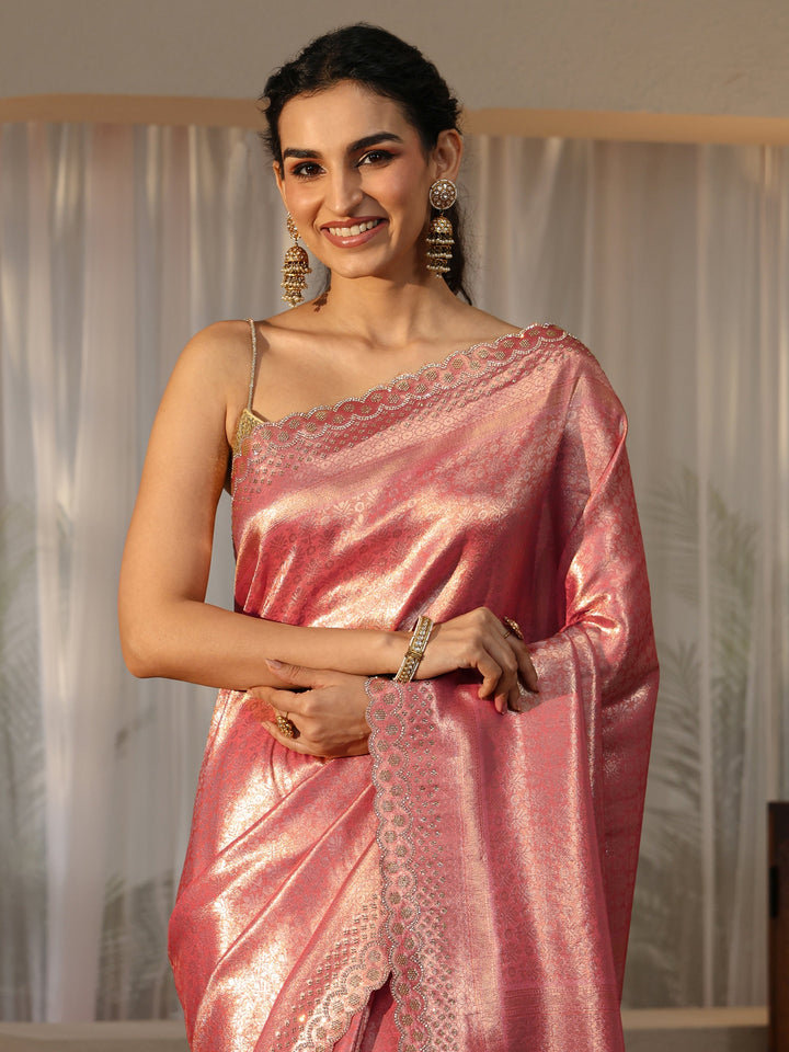 Libas Peach Silk Blend Saree with Embellished Border